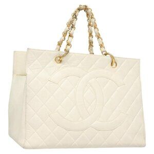 CHANEL Matelasse Chain Hand Bag Grained Calf Skin White Gold CC Auth